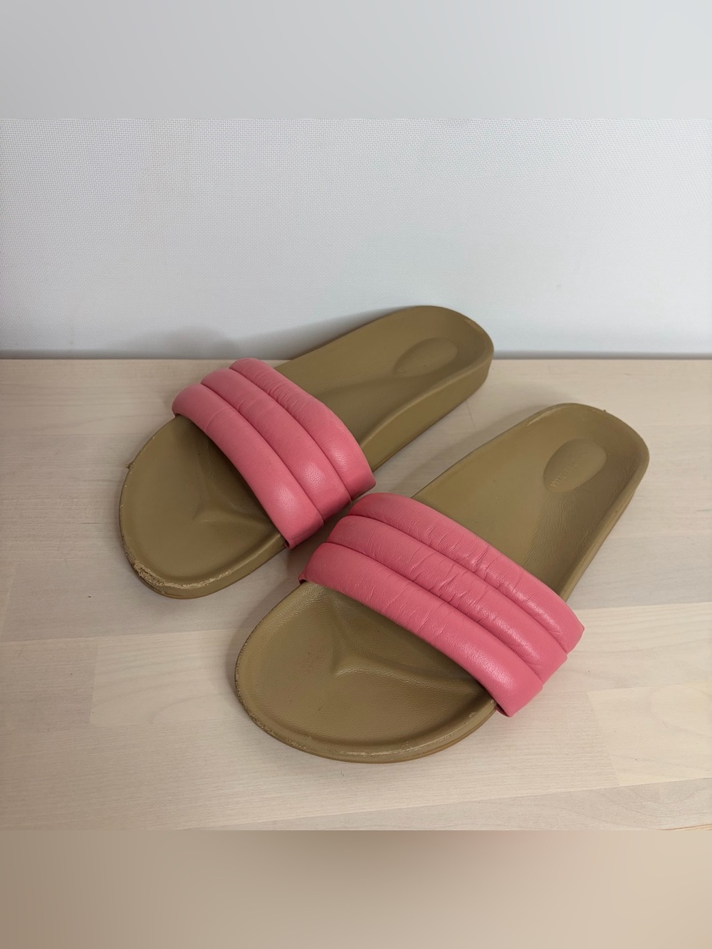 Beatrice Valenzuela Pink Strap Slide Sandals with Tan Footbed